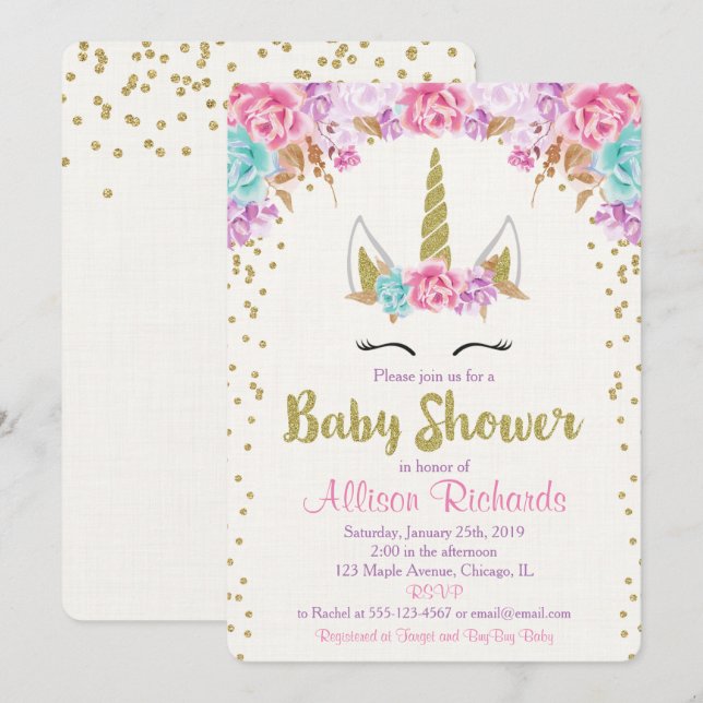 Unicorn baby shower invitation pink and gold einladung (Vorne/Hinten)