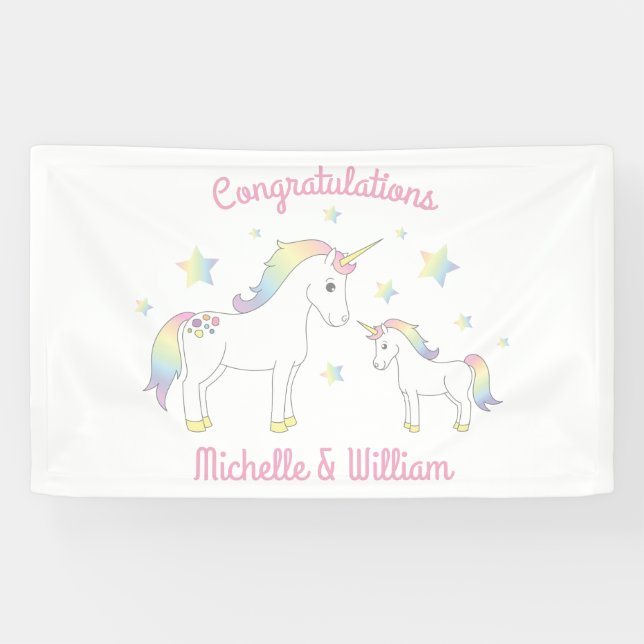 Unicorn Baby Shower Pastel Rainbow Niedlich Banner (Horizontal)