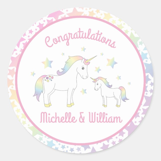 Unicorn Baby Shower Rainbow Pastel Runder Aufkleber (Vorderseite)