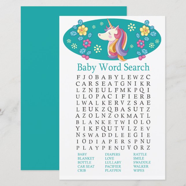Unicorn Baby Shower Word Search Game (Vorne/Hinten)