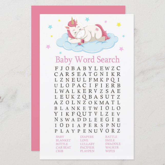 Unicorn Baby Shower Word Search Game (Vorne/Hinten)