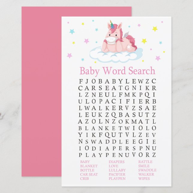 Unicorn Baby Shower Word Search Game (Vorne/Hinten)