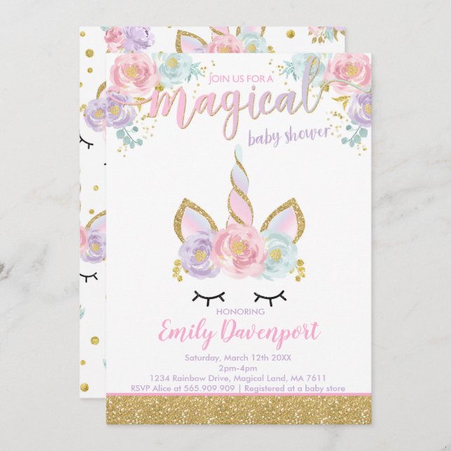 Unicorn Babydusche Einladung Magische Babydusche (Vorne/Hinten)
