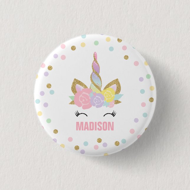 Unicorn Badge Unicorn Favor Party Pin Pink & Gold Button (Vorderseite)