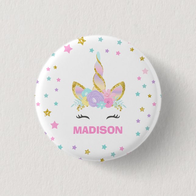 Unicorn Badge Unicorn Favor Party Pin Pink & Gold Button (Vorderseite)