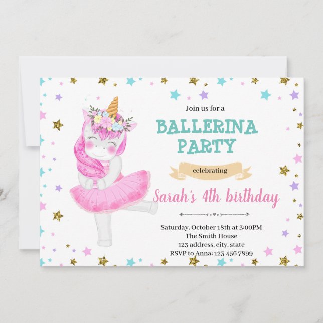 Unicorn ballerina Party Einladung (Vorderseite)