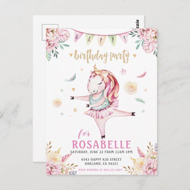 Unicorn Ballerina Pink Flora Einladung zum Geburts Postkarte (Vorne/Hinten)