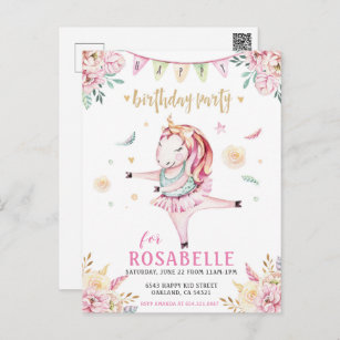 Unicorn Ballerina Pink Flora Einladung zum Geburts Postkarte