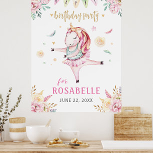 Unicorn Ballerina Pink Floral Geburtstagsparty Poster
