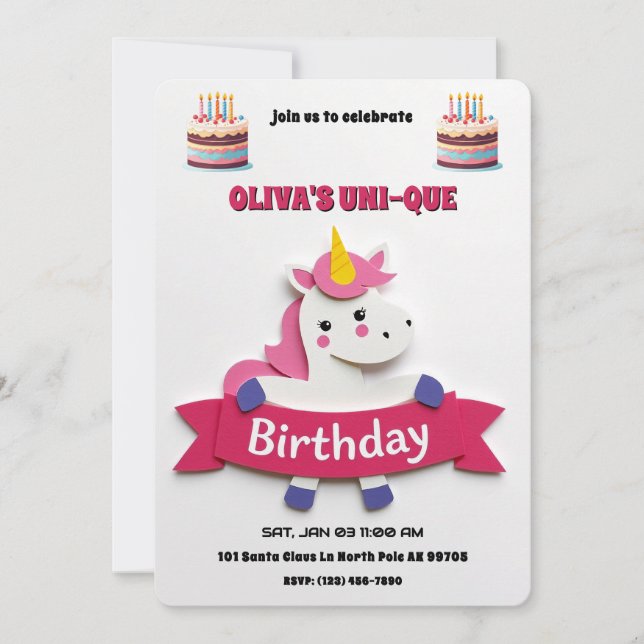 UNicorn Birthday Cake Einladung (Vorderseite)