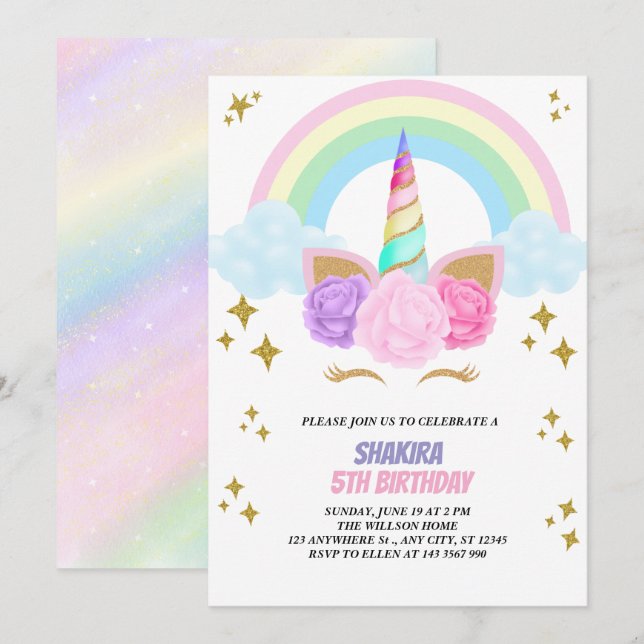 Unicorn Birthday Einladung (Vorne/Hinten)