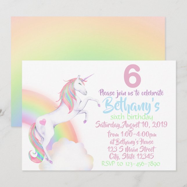 Unicorn Birthday Einladung (Vorne/Hinten)