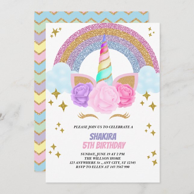Unicorn Birthday Einladung (Vorne/Hinten)