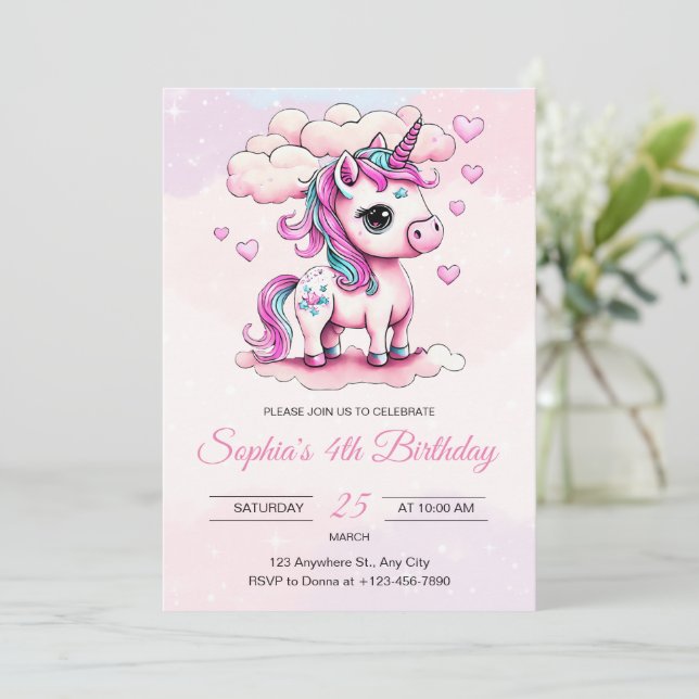 Unicorn Birthday Einladung Rainbow Unicorn Girls (Stehend Vorderseite)