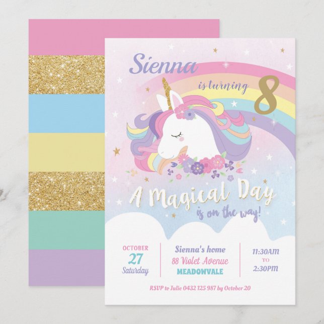 Unicorn Birthday Einladungen Rainbow Girl (Vorne/Hinten)