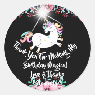 Unicorn Birthday Favor Black Danke Stars Spark Runder Aufkleber