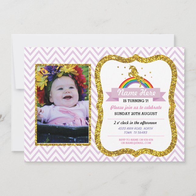 Unicorn Birthday Foto Party Einladung Gold Glitzer (Vorderseite)
