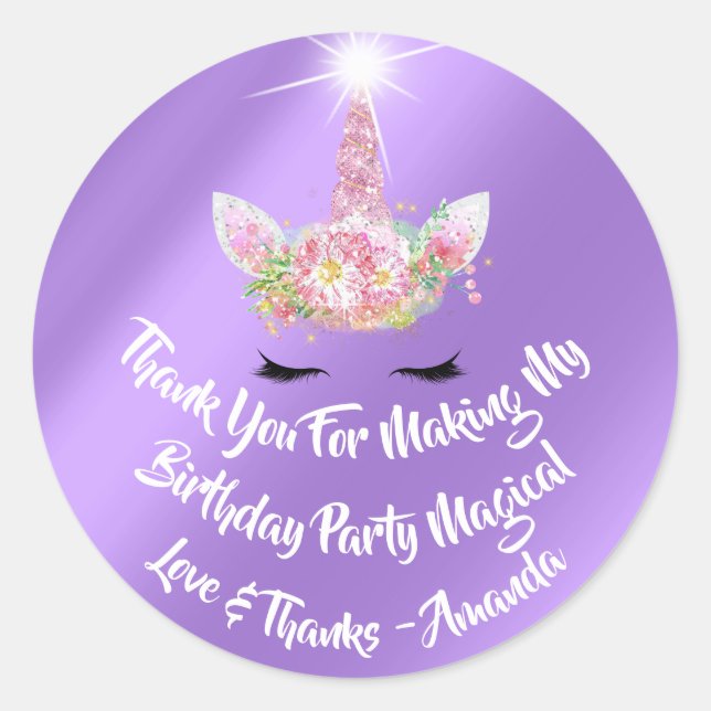 Unicorn Birthday Gefallen Pink Spark Gold Floral L Runder Aufkleber (Vorderseite)