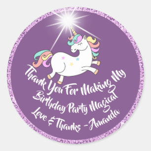 Unicorn Birthday Gevor Lila Danke Stars Spark Runder Aufkleber