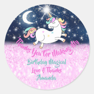 Unicorn Birthday Gevor Pink Danke Stars Spark Runder Aufkleber