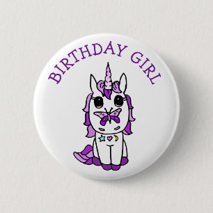 Unicorn Birthday Girl Lila Button