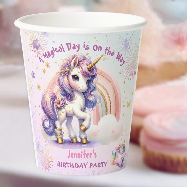 Unicorn Birthday Girl Lila Gold Rainbow Paper Pappbecher (Von Creator hochgeladen)