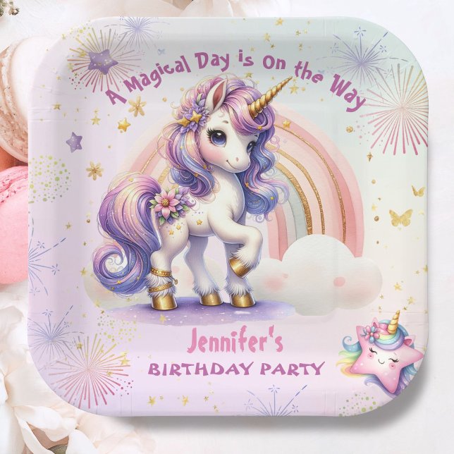 Unicorn Birthday Girl Lila Gold Rainbow Pappteller (Von Creator hochgeladen)