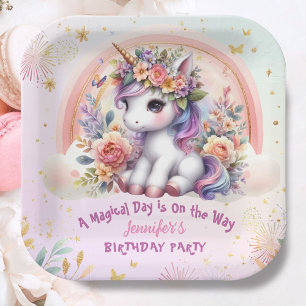 Unicorn Birthday Girl Pink Floral Rainbow Pappteller