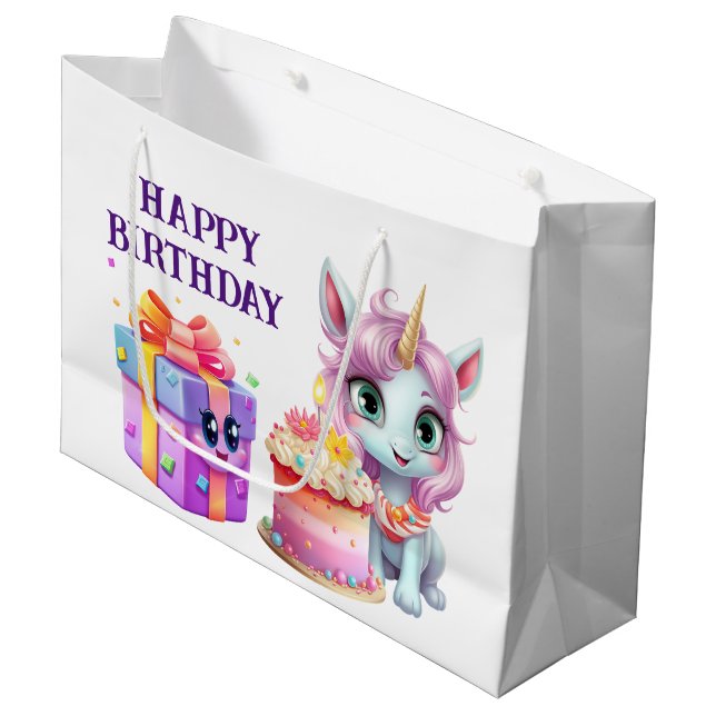 Unicorn Birthday Große Geschenktüte (Vorderseite Schrägansicht)