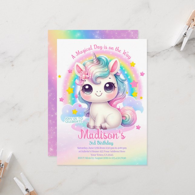 Unicorn Birthday Invitation Einladung (Vorderseite/Rückseite Beispiel)