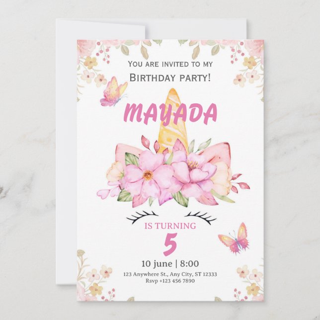 Unicorn Birthday Invitation for Girls  Einladung (Vorderseite)