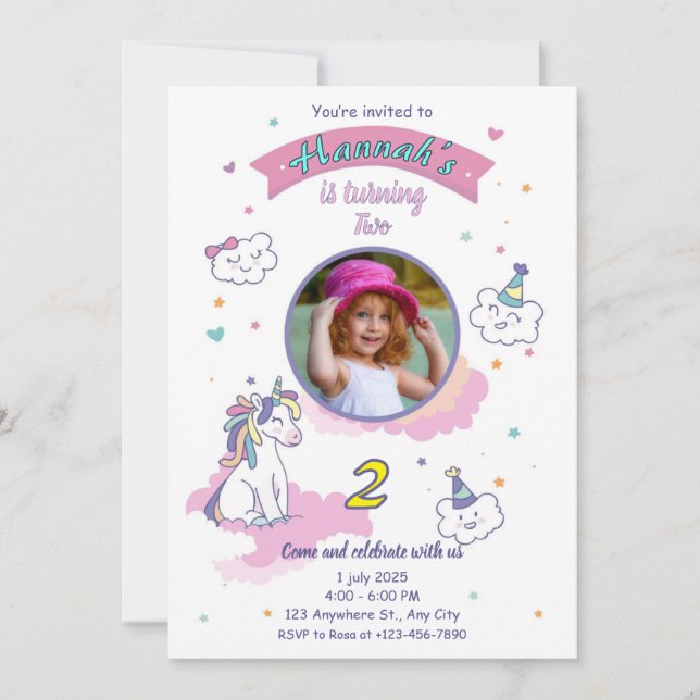 Unicorn birthday invitation girl bday invite einladung (Vorderseite)