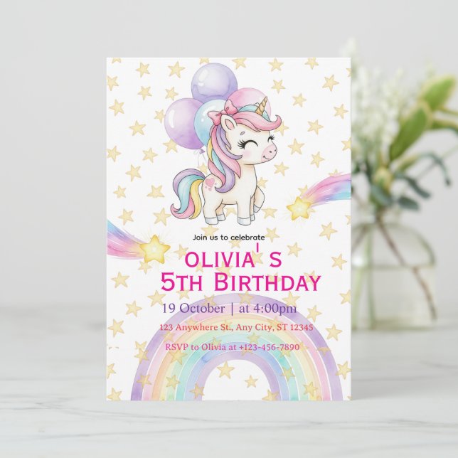 Unicorn Birthday Invitation | Pastel Rainbow Party Einladung (Stehend Vorderseite)
