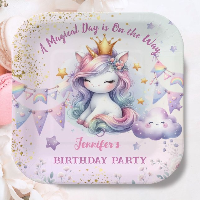 Unicorn Birthday Invite Girl Pink Gold Lila Pappteller (Von Creator hochgeladen)