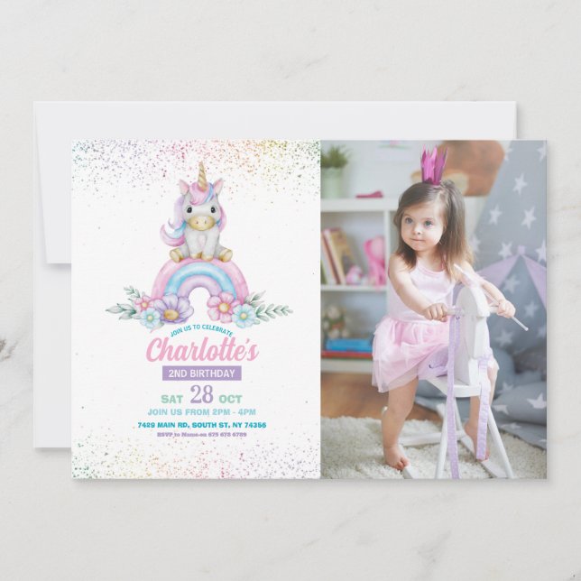 Unicorn Birthday Invite Girl Rainbow Glitzer Foto Einladung (Vorderseite)