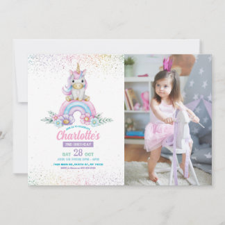 Unicorn Birthday Invite Girl Rainbow Glitzer Foto Einladung