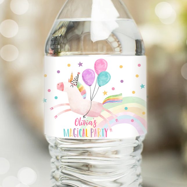 Unicorn Birthday Label Rainbow Magical Girl Pink Wasserflaschenetikett (Von Creator hochgeladen)