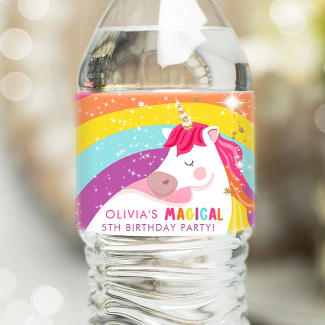 Unicorn Birthday Label Rainbow Magical Girl Pink Wasserflaschenetikett (Von Creator hochgeladen)