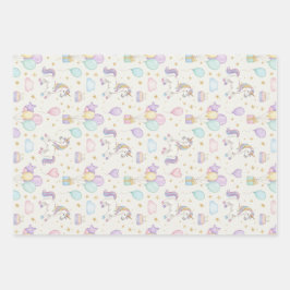 Unicorn Birthday Magic – Pastel Balloons & Cakes  Geschenkpapier Set