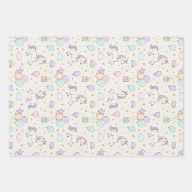 Unicorn Birthday Magic – Pastel Balloons & Cakes  Geschenkpapier Set (Vorderseite)