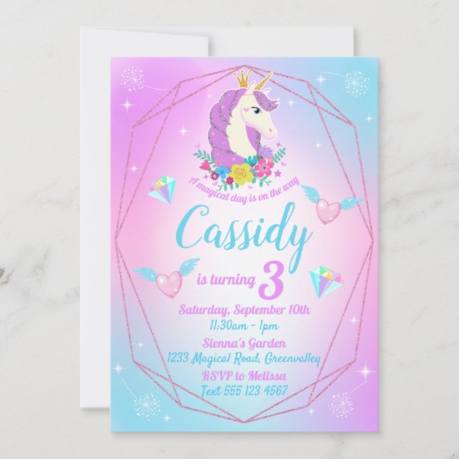 Unicorn Birthday Magischer Glitzer Regenbogen Einladung (Vorderseite)