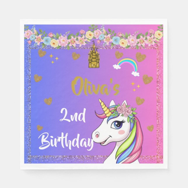Unicorn Birthday Napkins | Rainbow Unicorn-Party Serviette (Vorderseite)