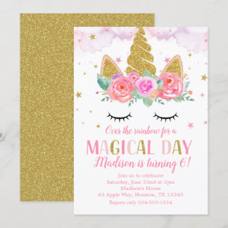 Unicorn Birthday Party Gold Glitzer Blume Einladung
