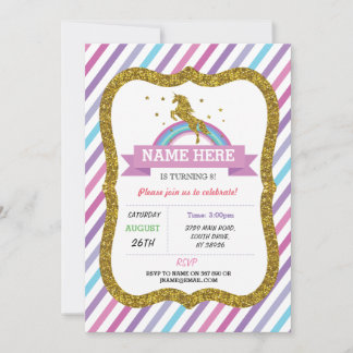 Unicorn Birthday Party Gold Glitzer Rainbow Einlad Einladung
