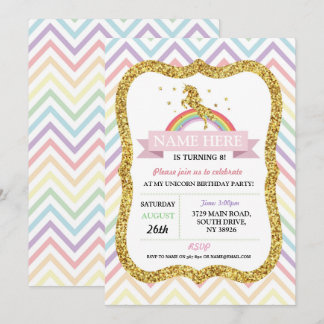 Unicorn Birthday Party Gold Glitzer Rainbow Einladung