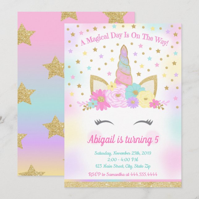Unicorn Birthday Party Magical Rainbow Unicorn Inv Einladung (Vorne/Hinten)