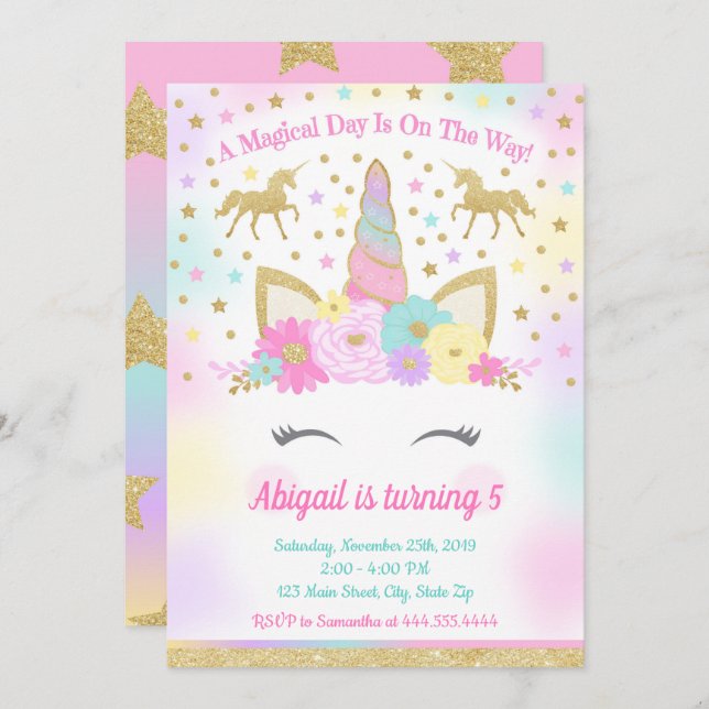 Unicorn Birthday Party Magical Rainbow Unicorn Inv Einladung (Vorne/Hinten)