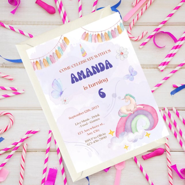 Unicorn Birthday Party, Rainbow & Clouds for Kids Einladung (Von Creator hochgeladen)