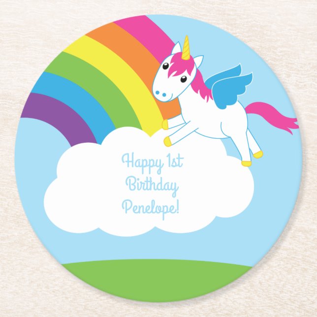 Unicorn Birthday Party Runder Pappuntersetzer (Vorderseite)