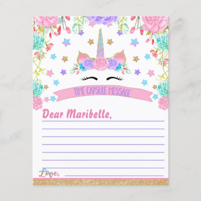 Unicorn Birthday Party Time Capsule Message (Vorderseite)